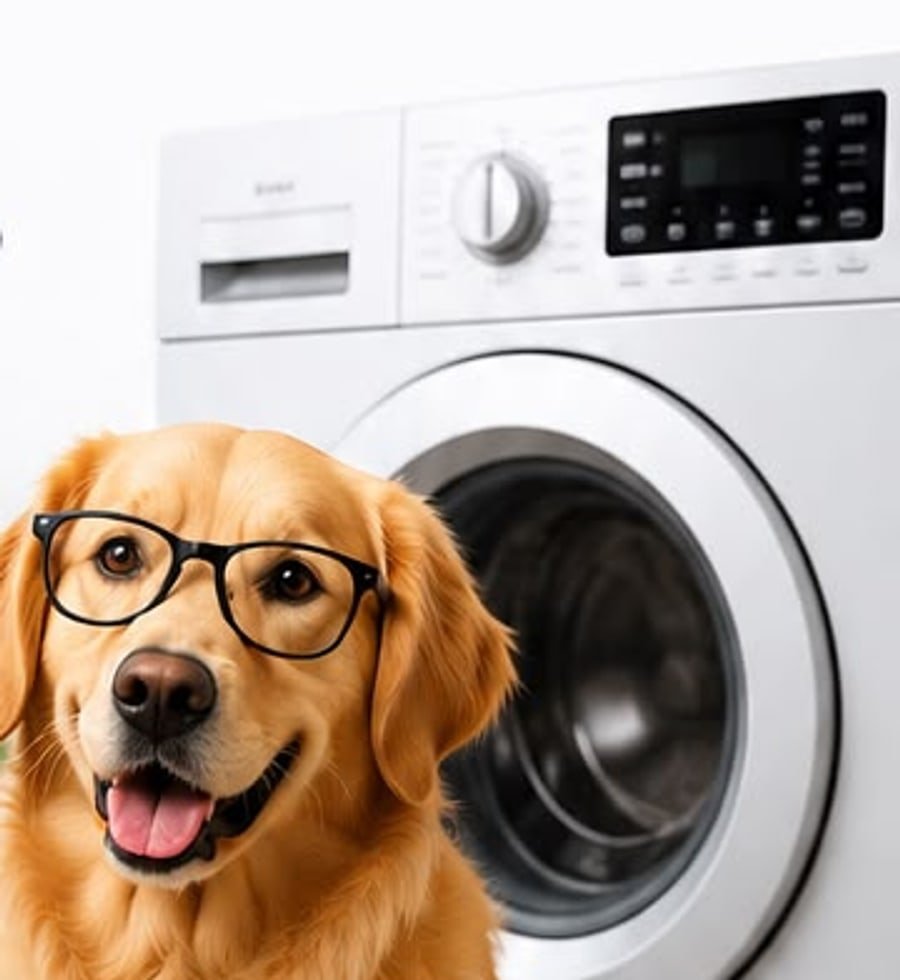 Golden retriever wearing glasses beside a front-load washing machine